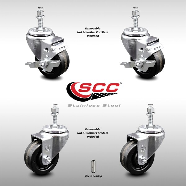 Service Caster 3.5 Inch SS Phenolic Wheel Swivel 10mm Threaded Stem Caster Brakes SCC, 2PK SCC-SSTS20S3514-PHS-M1015-2-TLB-2 - main